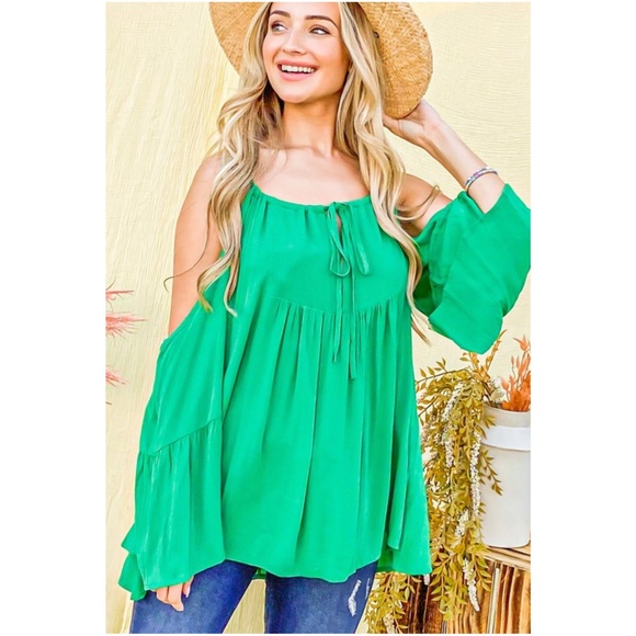 Tops - 08 Boho Green Cold Shoulder Loose Fit Blouse